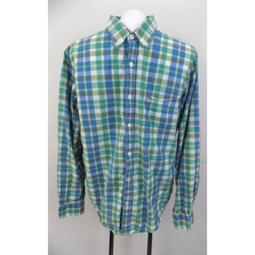 American Eagle Mens Medium Plaid Button Down Shirt Green Blue Long Sleeve